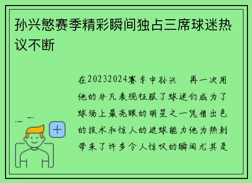 孙兴慜赛季精彩瞬间独占三席球迷热议不断