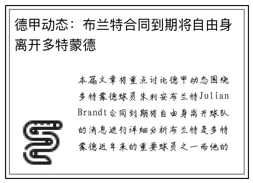 德甲动态:布兰特合同到期将自由身离开多特蒙德 德甲动态:布兰特合同到期将自由身离开多特蒙德