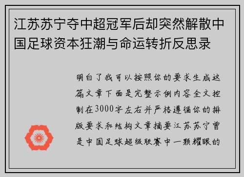 江苏苏宁夺中超冠军后却突然解散中国足球资本狂潮与命运转折反思录